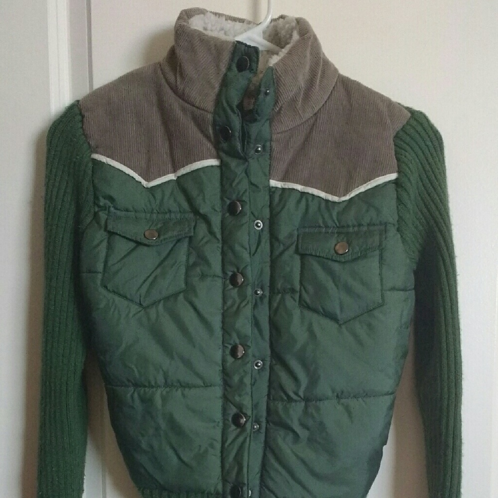 Army green and tan brown pilot sweater jacket