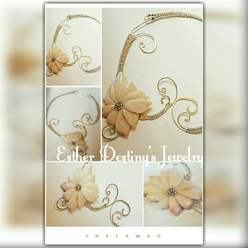 Ivory Pink Peruvian Opal Carved Flower Silver Chok