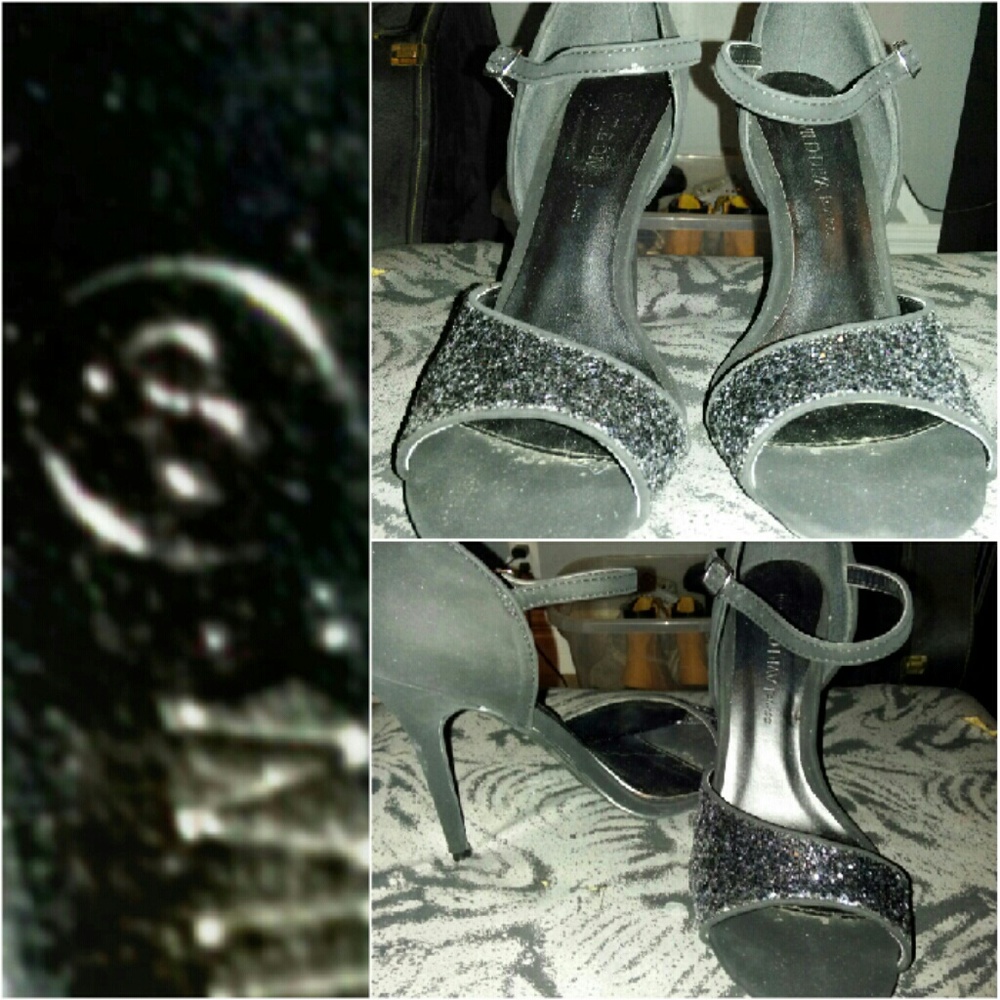 Multi colored sparkly, and black shoes.