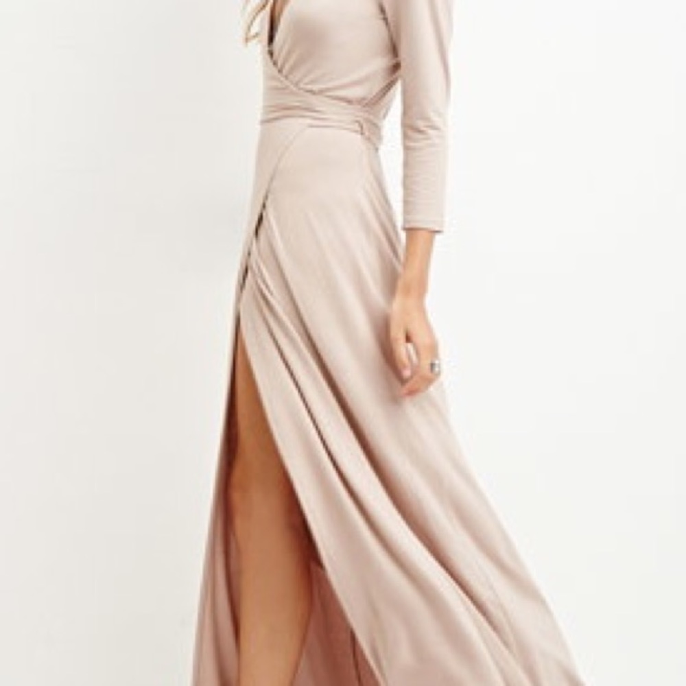 Tan light brown mocha front slit maxi wrap dress M - Picture 2 of 4