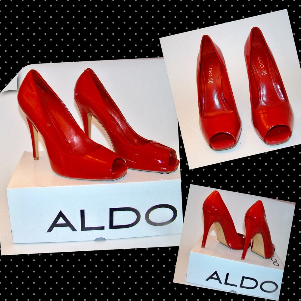 Red Aldo patent leather peep-toe pumps