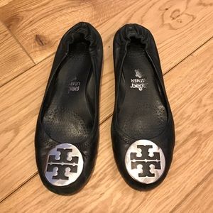Tory Burch Black Reva Leather Flats Sz 8.5