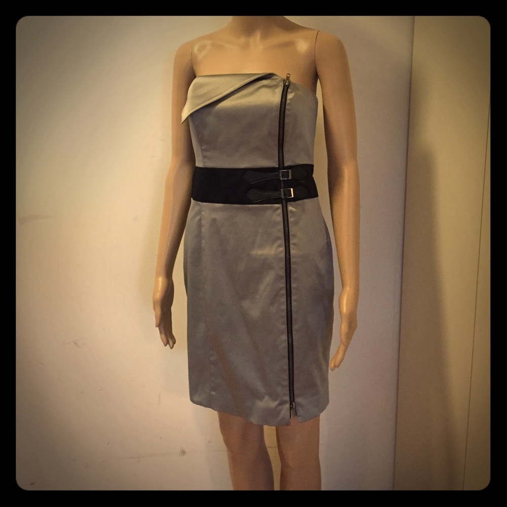 BEBE Sleek Sateen Strapless Side Zip Buckle Dress