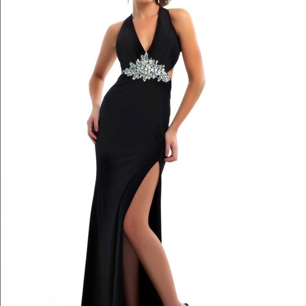 MacDuggal black cutout gown / prom dress w/ slit