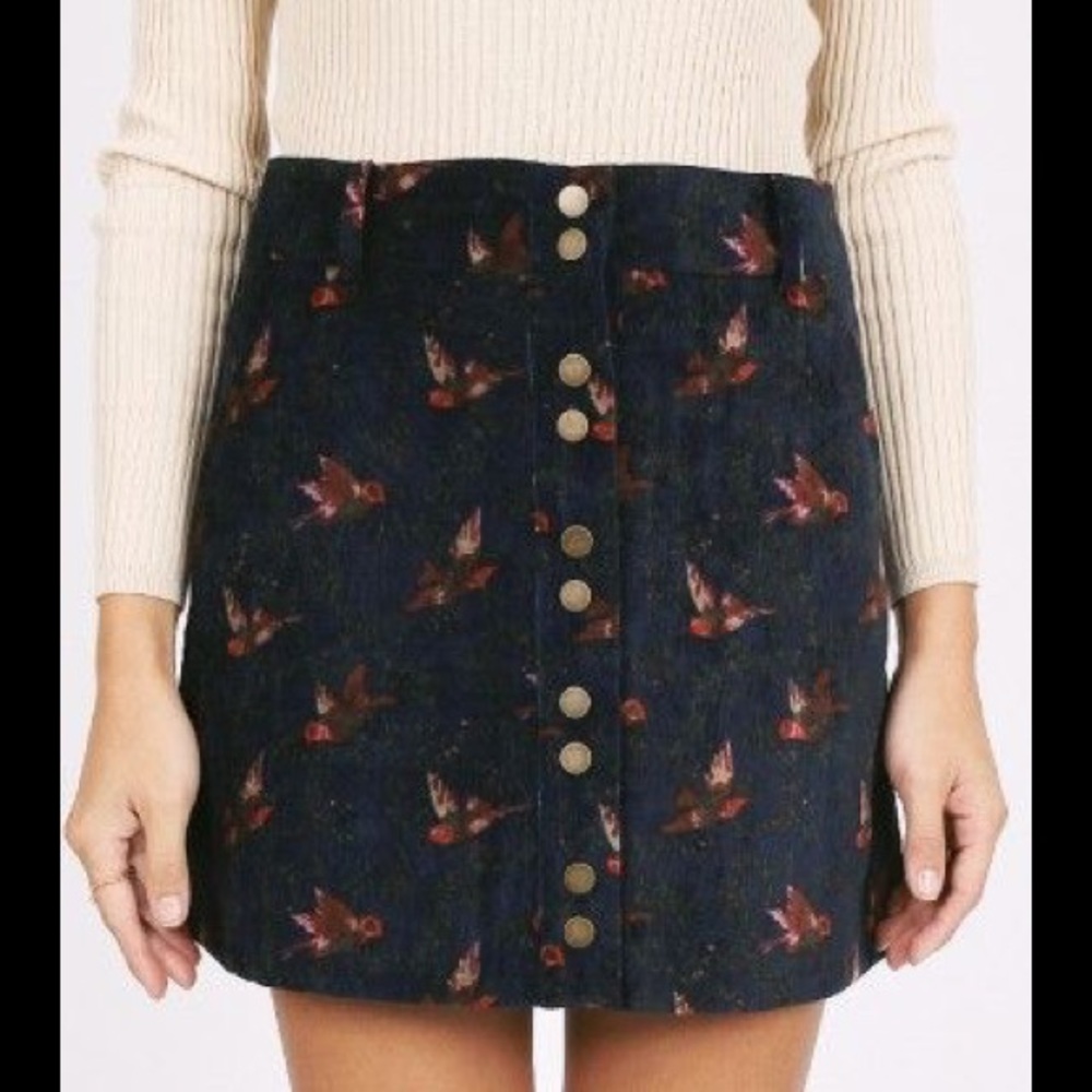Bird Print Corduroy Mini Skirt