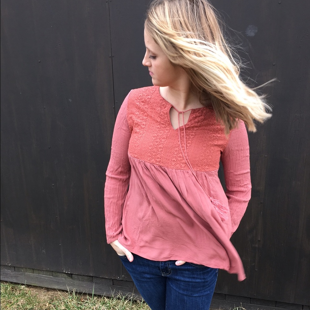 Dusty Rose Long Sleeve Tie Neck Top