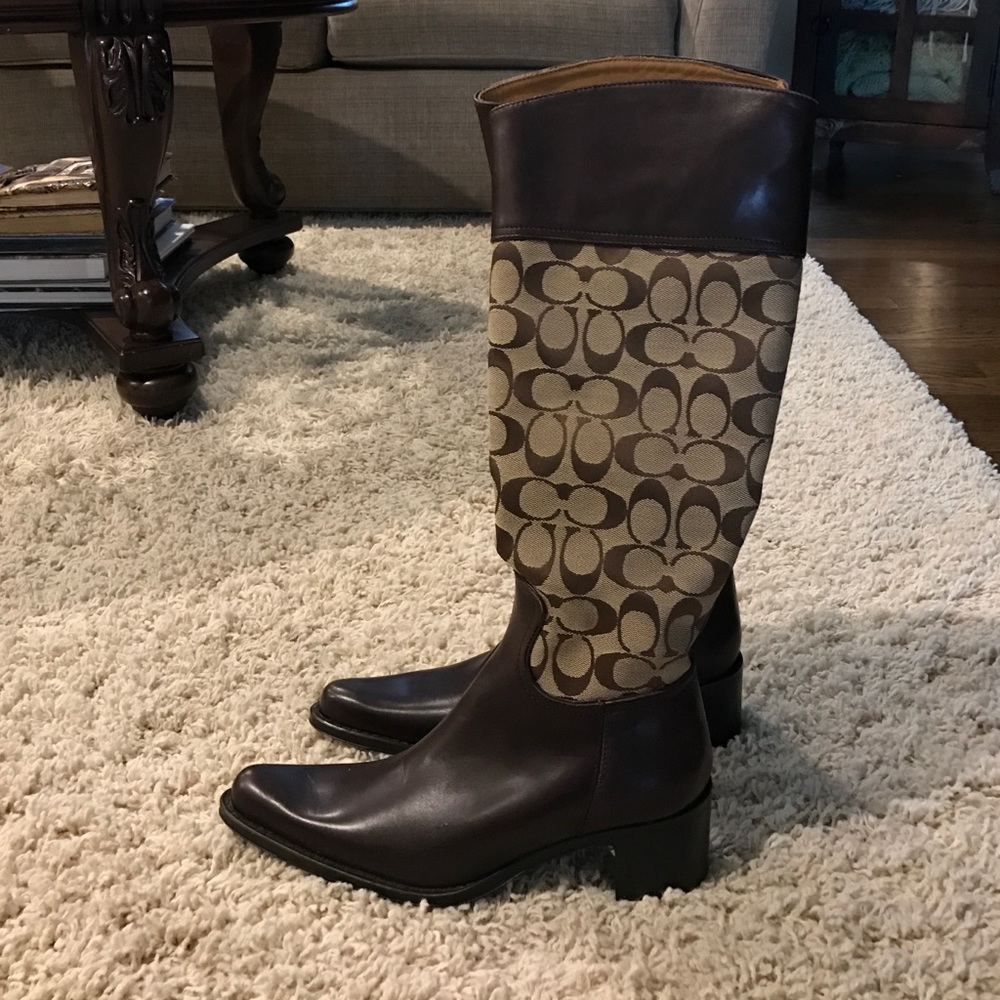 Never worn! Brown /signature print leather boots