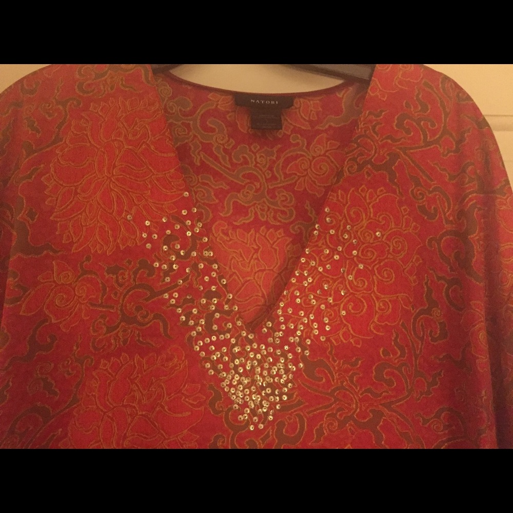 Natori caftan, gorgeous gold and burnt orange