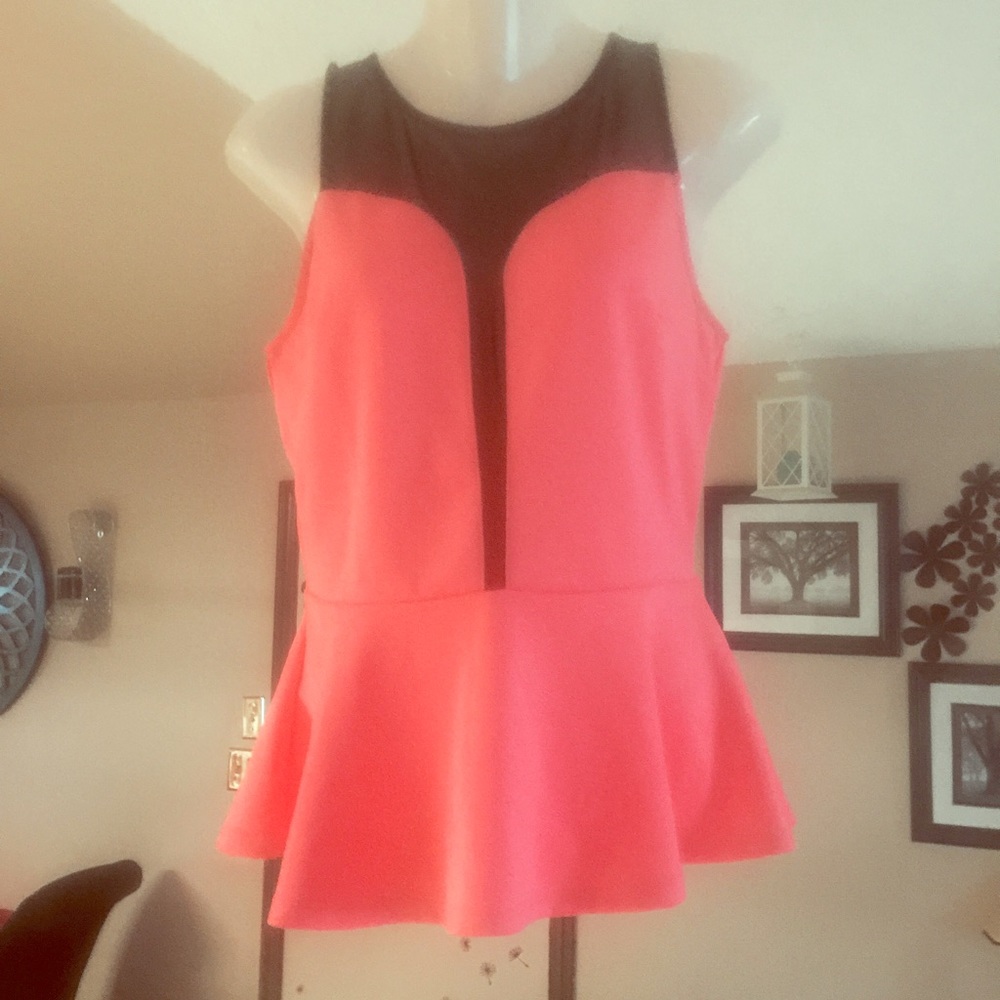 Hot pink see through mesh cleavage peplum top