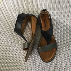 Silver and black wedge sandals
