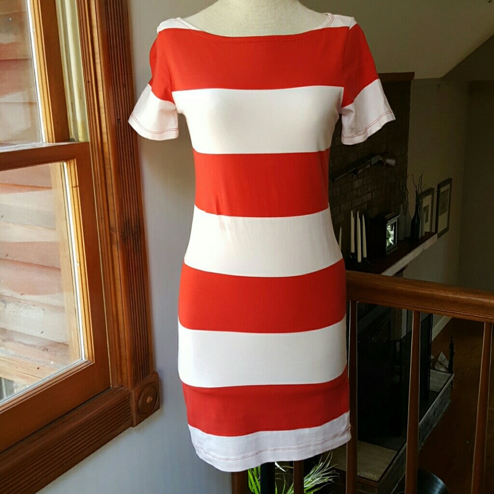 Red and white boat neck dress