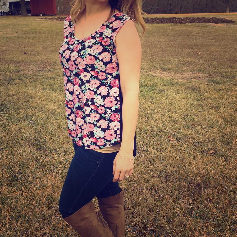 Black floral cap sleeve top with sheer back