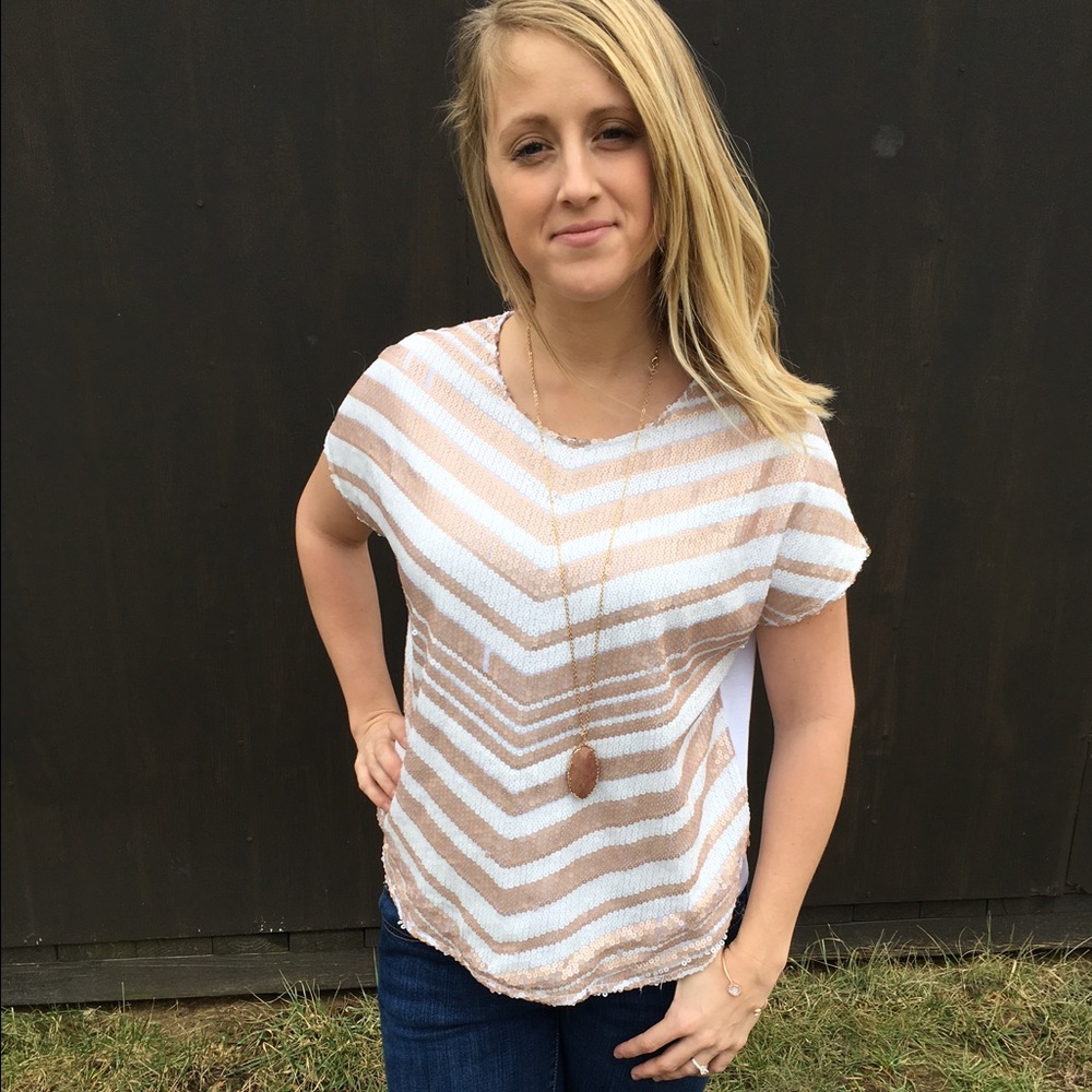 White & Rose Gold Chevron Sequin top