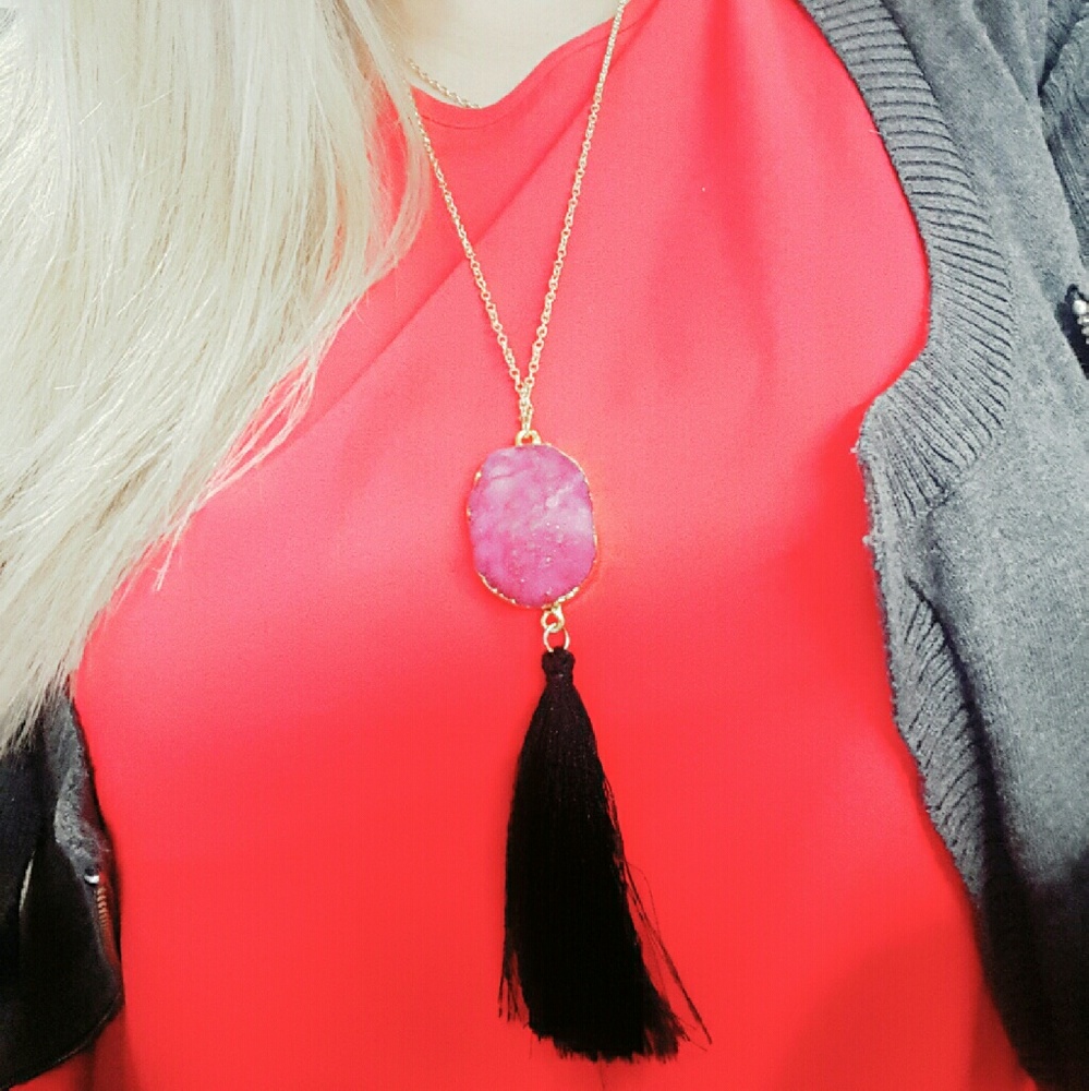 Gold natural pink druzy boho tassle necklace