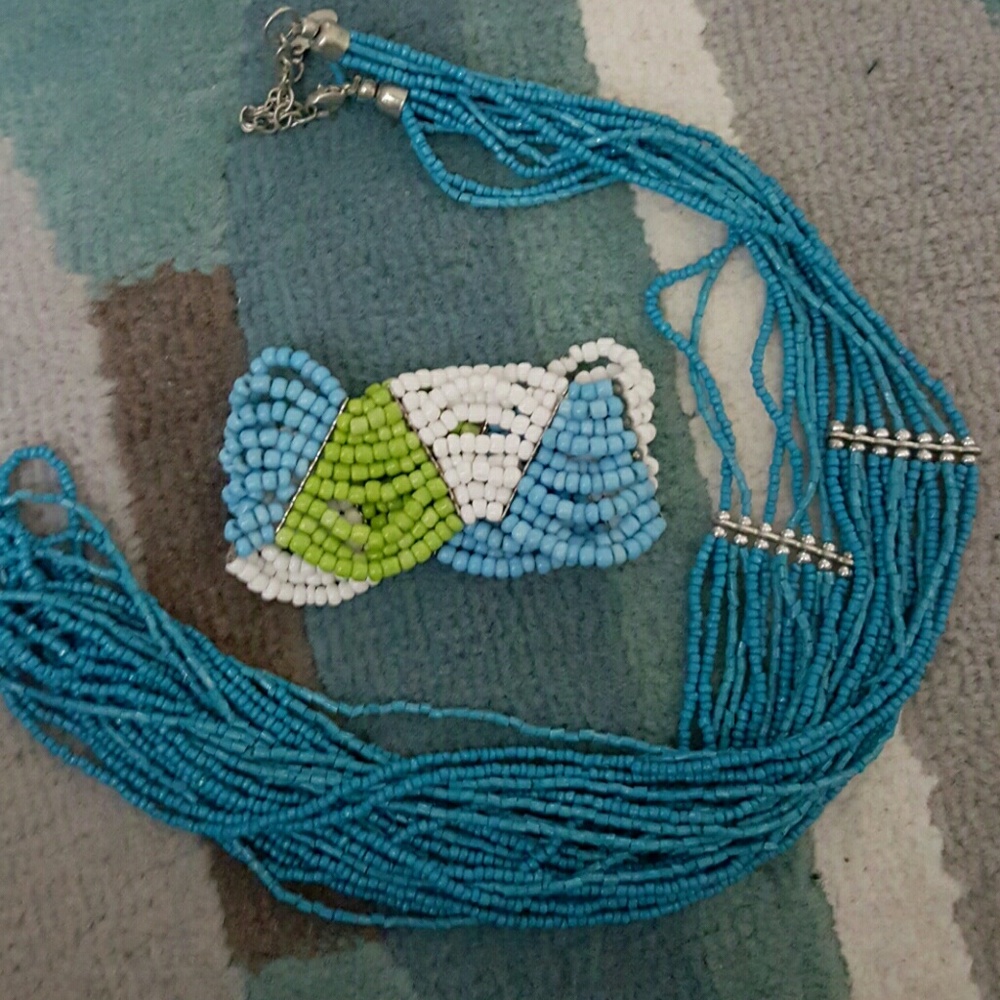 Matching beaded long necklace and bracelet