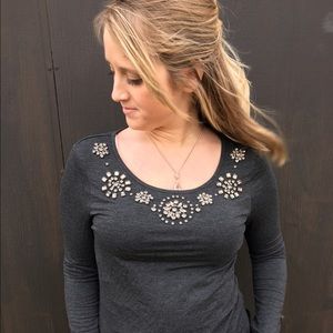 Beautiful Bling Neck Gray Top