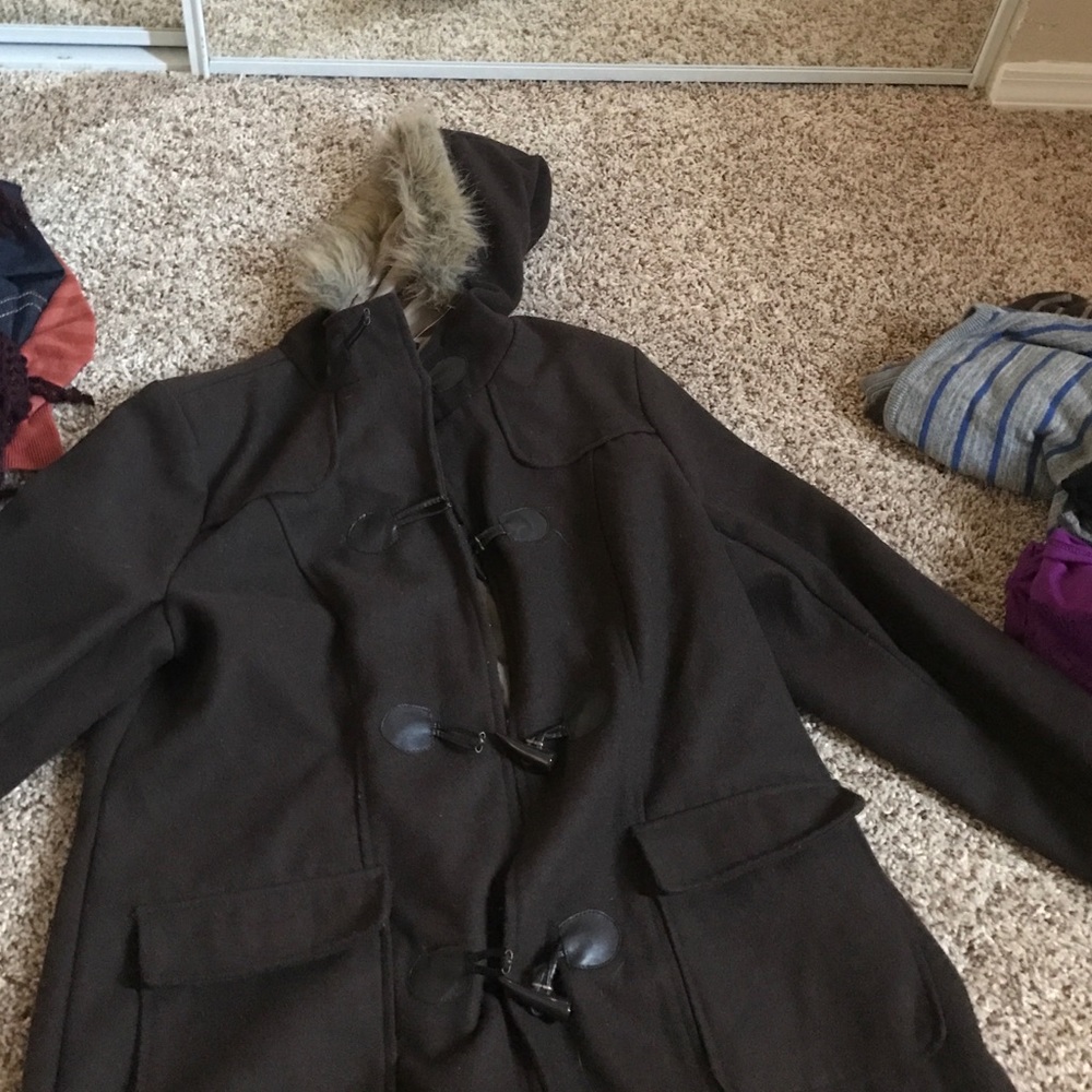 Brown coat with fake fur hood