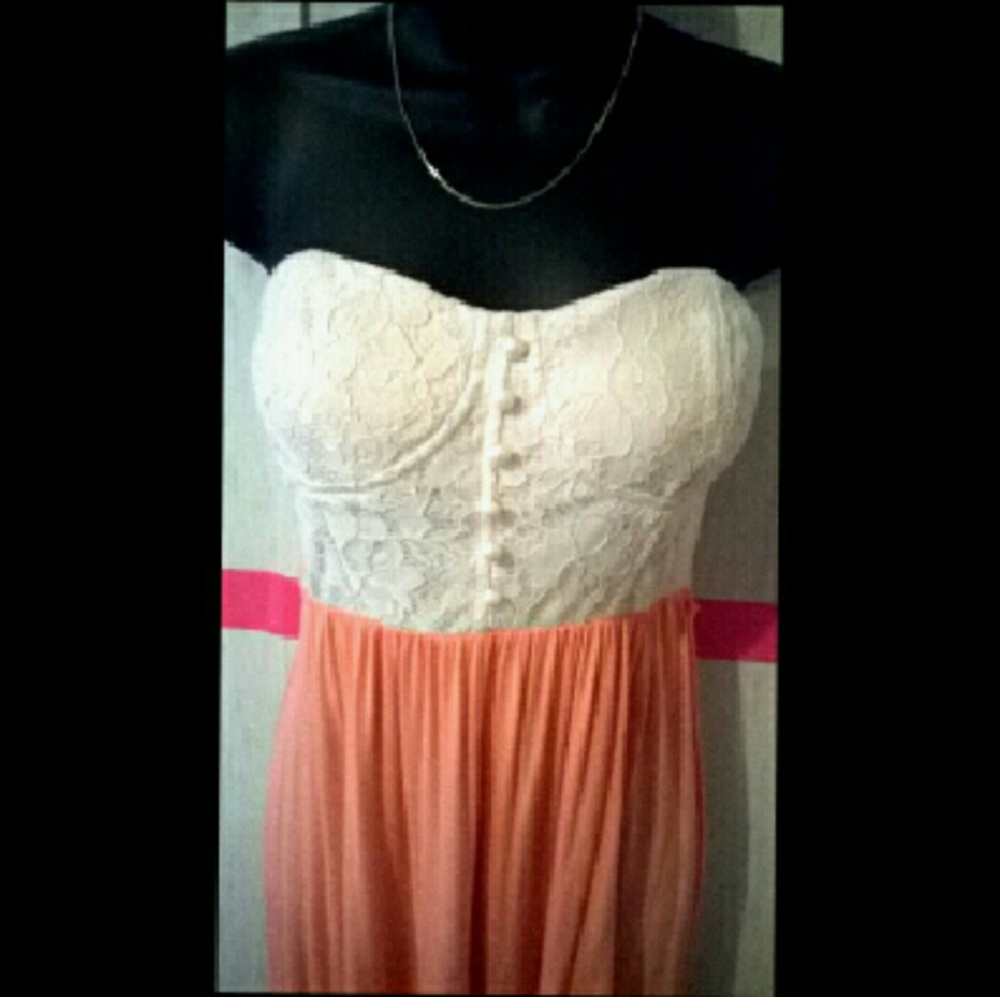 Elegant Peach &Creme strapless pearl button dress.