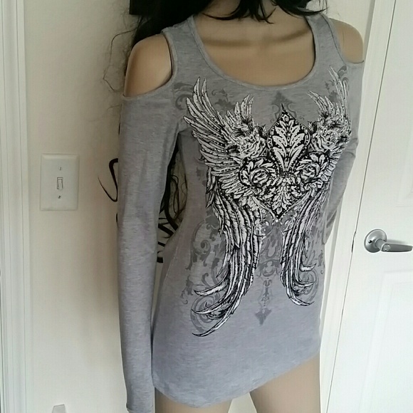 Tops - Biker cold shoulder rhinestone rip back shirt newL