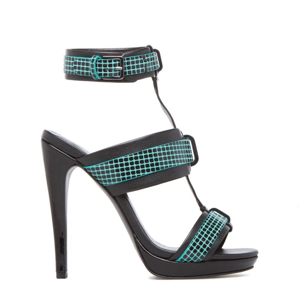Black green heels reptilian embossed shoes