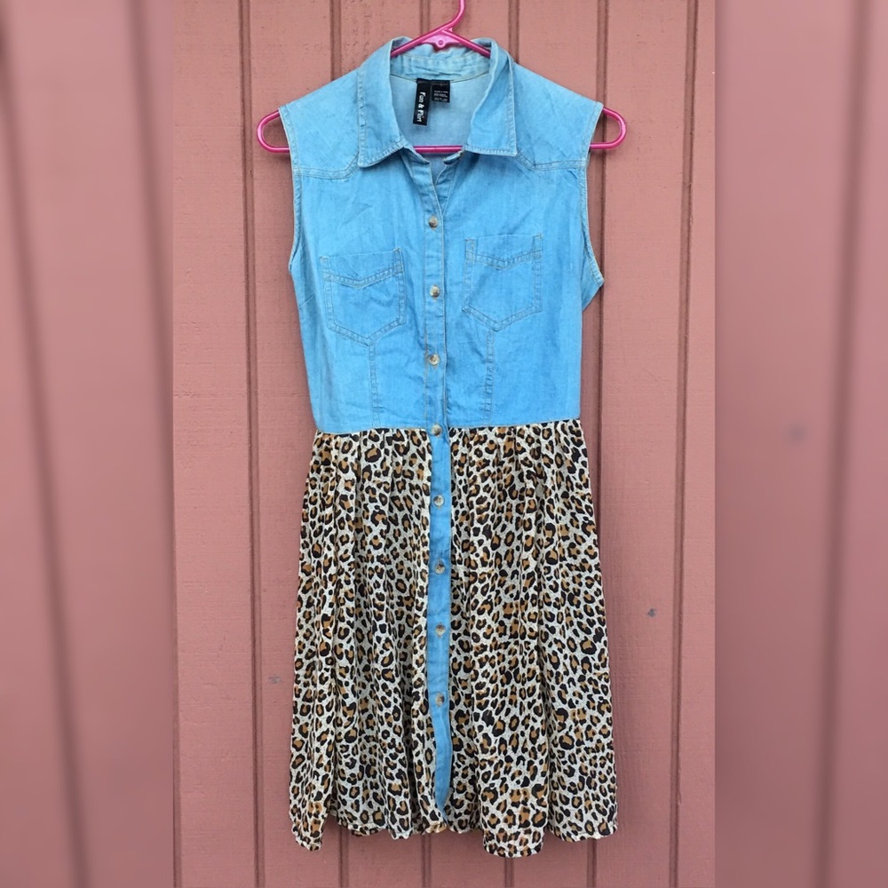Denim Leopard Print Sleeveless Button Down Dress