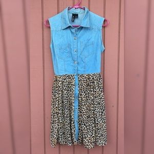 Denim Leopard Print Sleeveless Button Down Dress