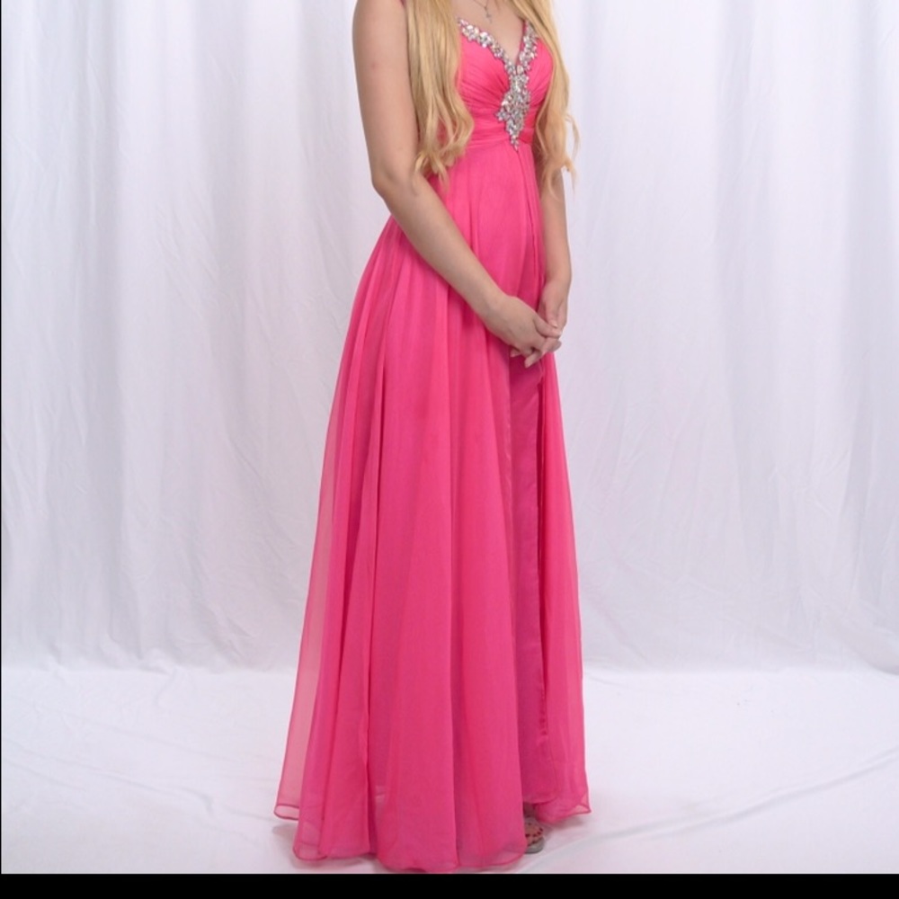 Hot pink chiffon prom dress with crystal beading