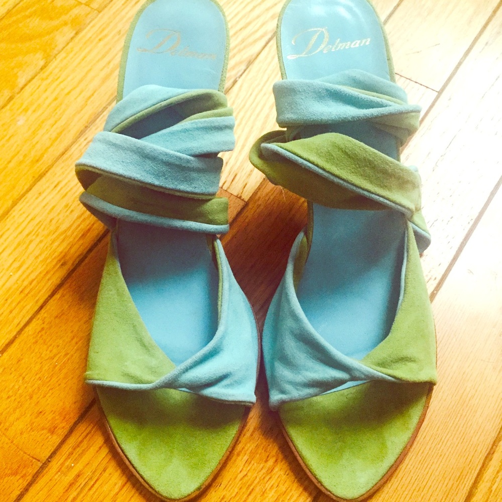 Delman blue and green suede sandal.