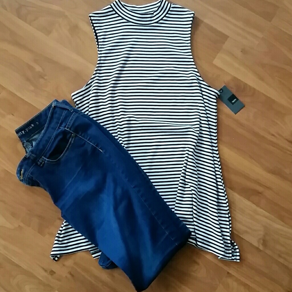 Asymmetrical Black Stripe mock turtleneck tank