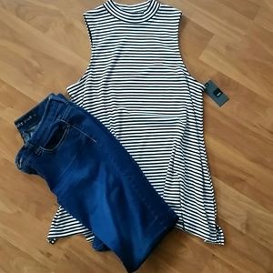 Asymmetrical Black Stripe mock turtleneck tank