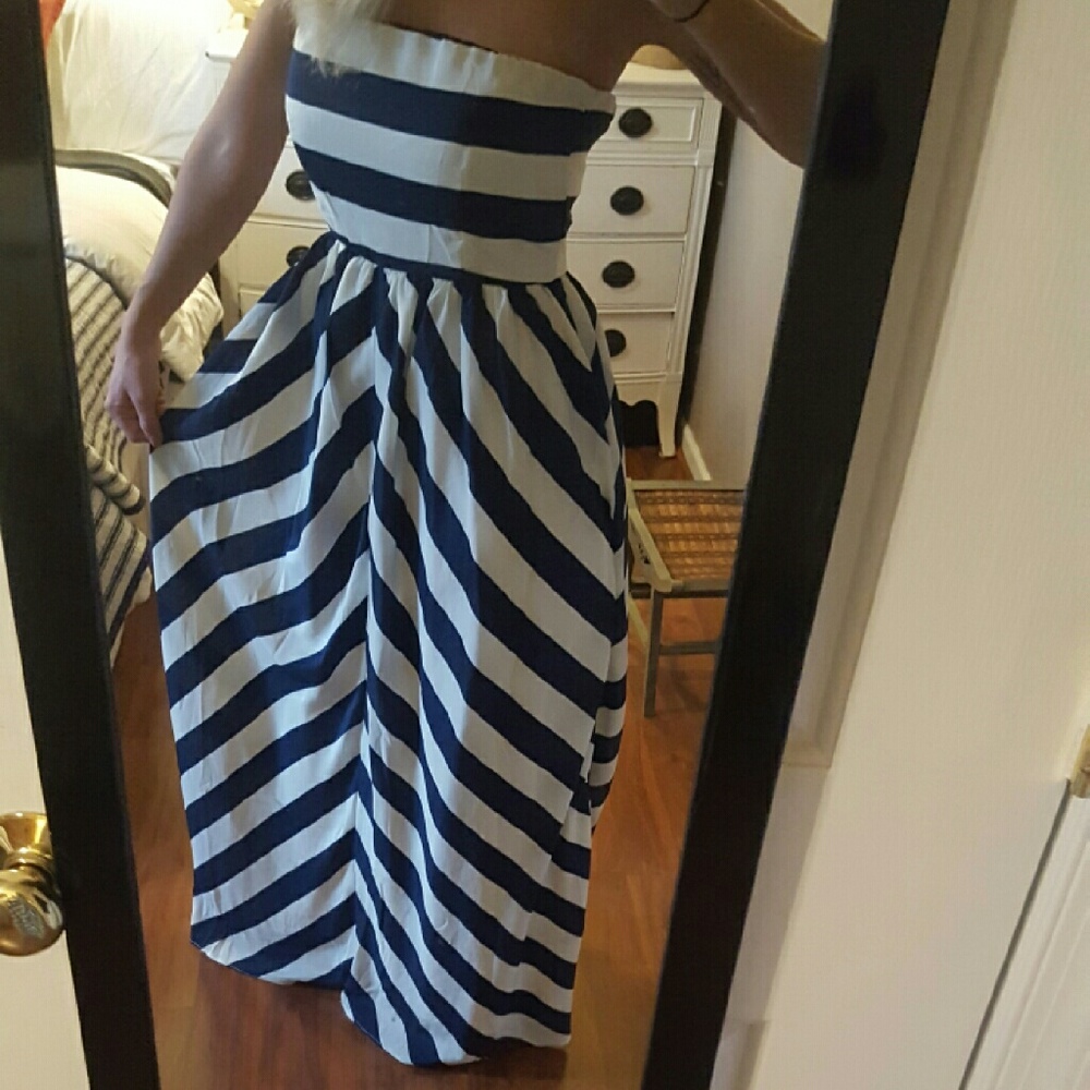 Blue and white stipe strapless maxi