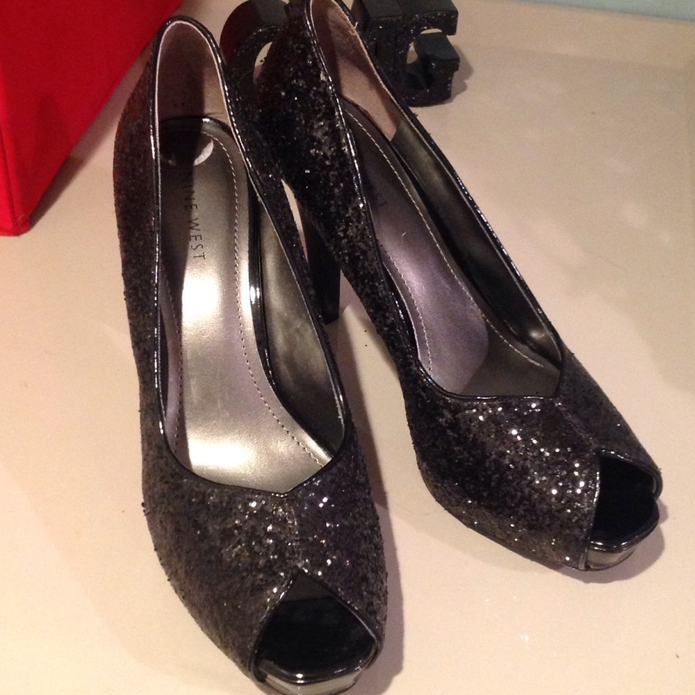 Black sparkly open toe heels - Picture 1 of 4