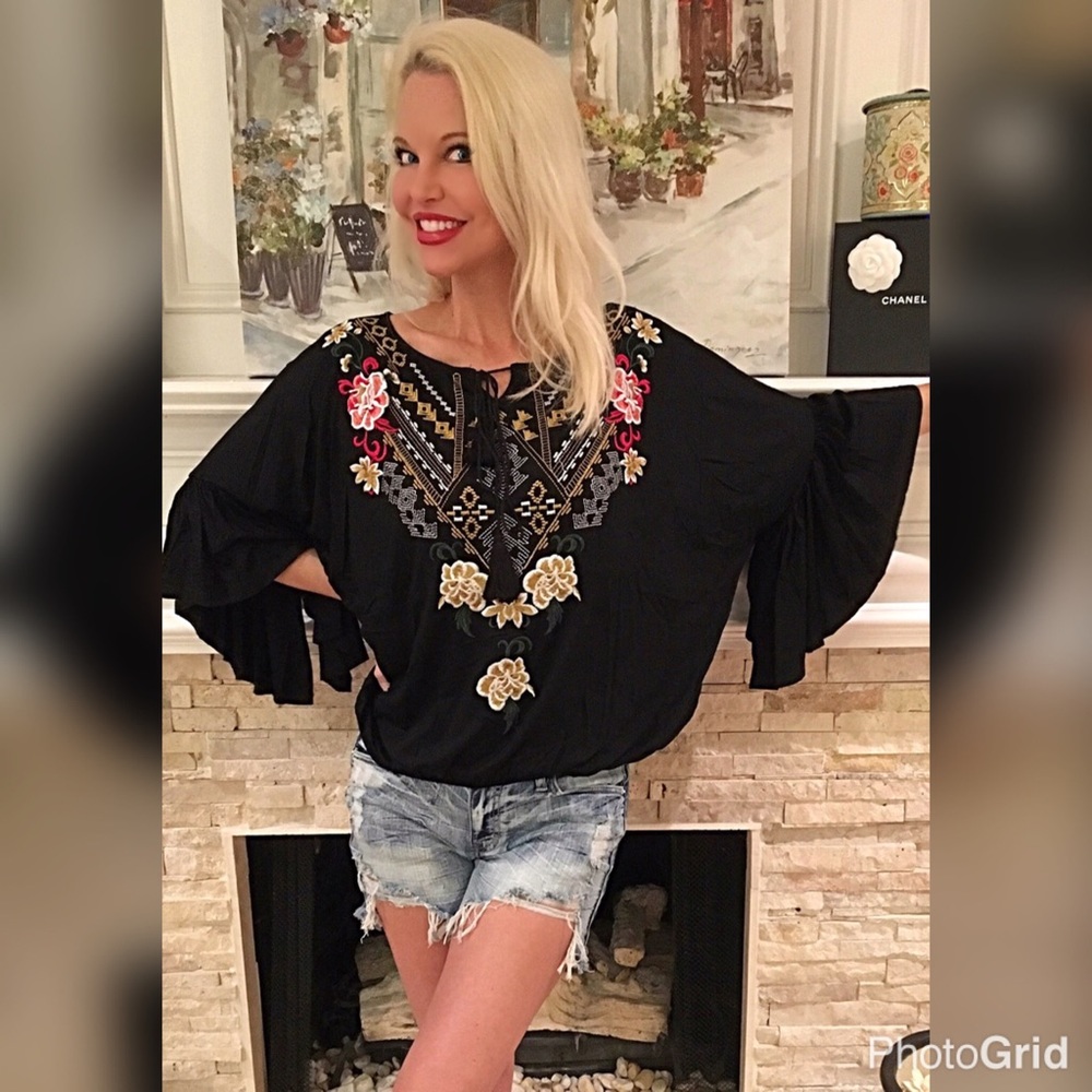LAST ONE Stunning vibrant jersey knit peasant top - Picture 2 of 4