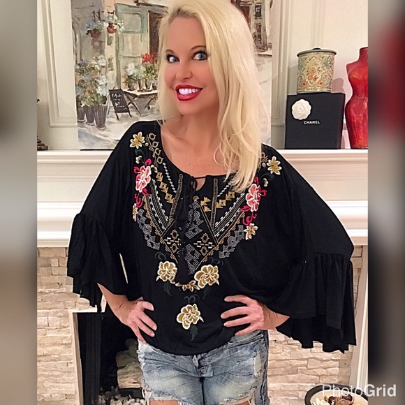 LAST ONE Stunning vibrant jersey knit peasant top - Picture 3 of 4