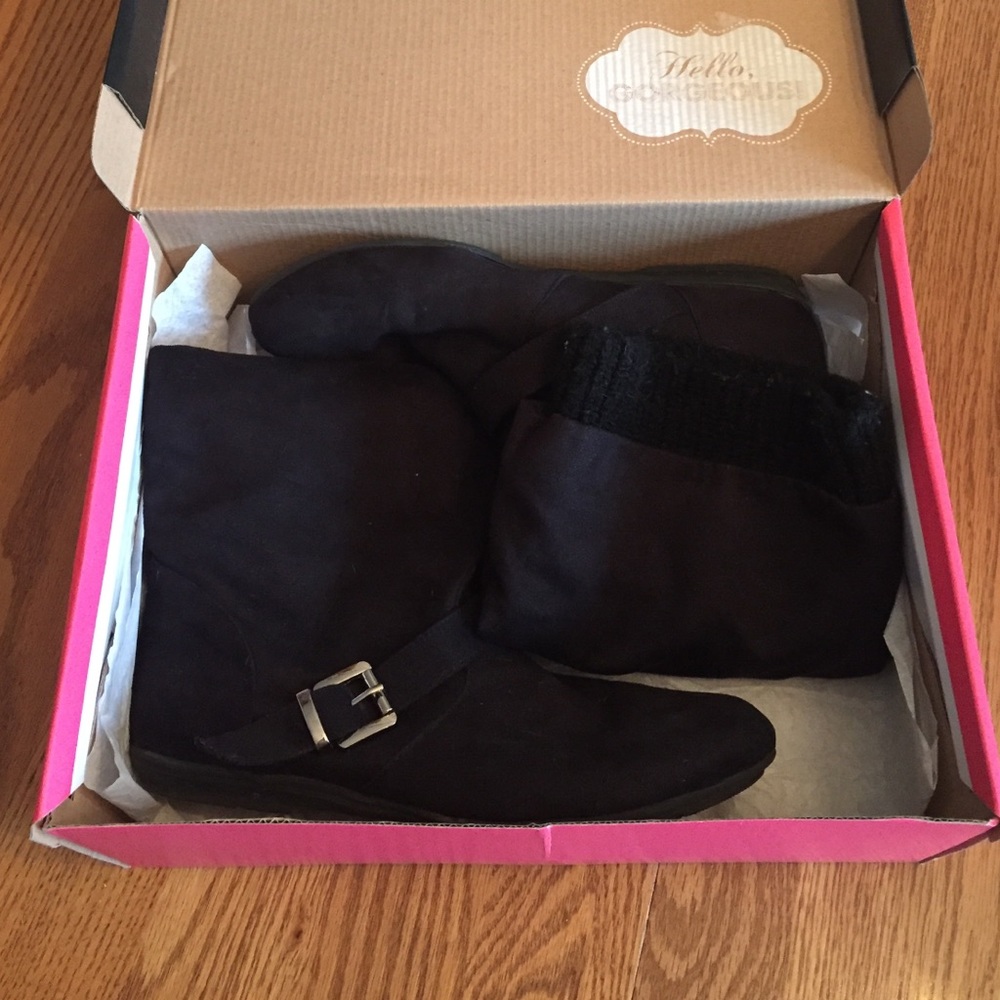 Black suede buckle boots