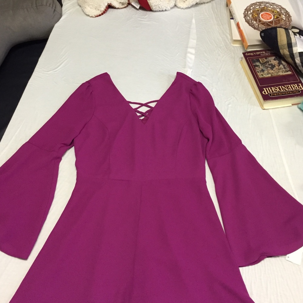 Purple Bell Sleeve Lace Up Low Back Romper