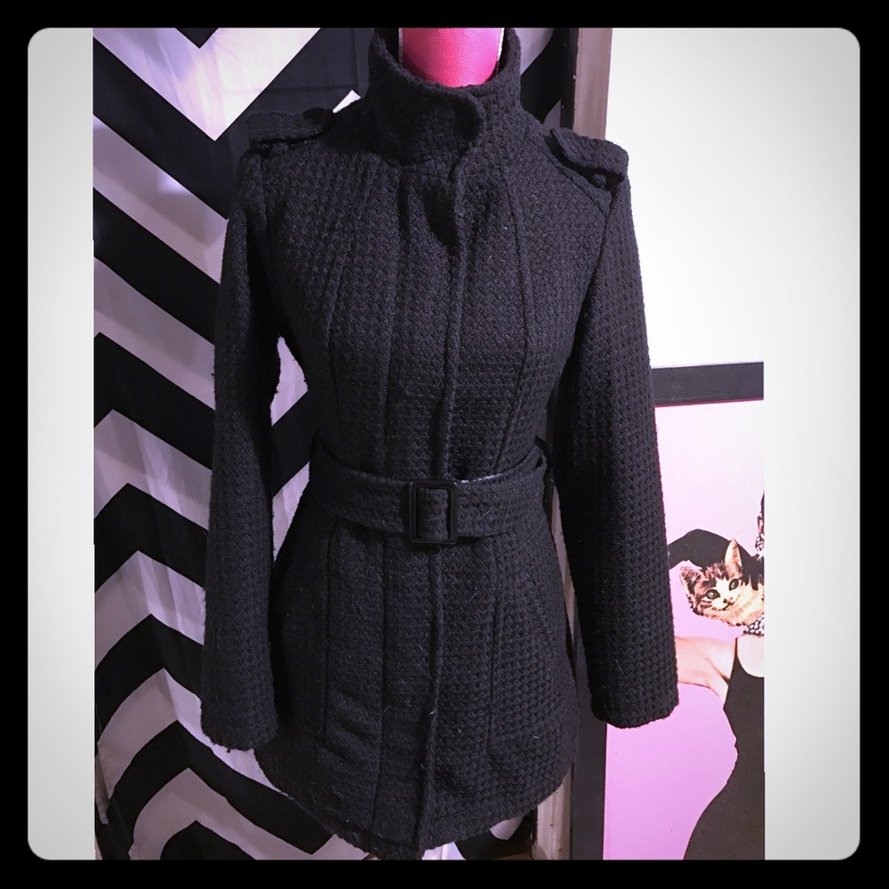 Fitted Black Trench Jacket, woven fabric