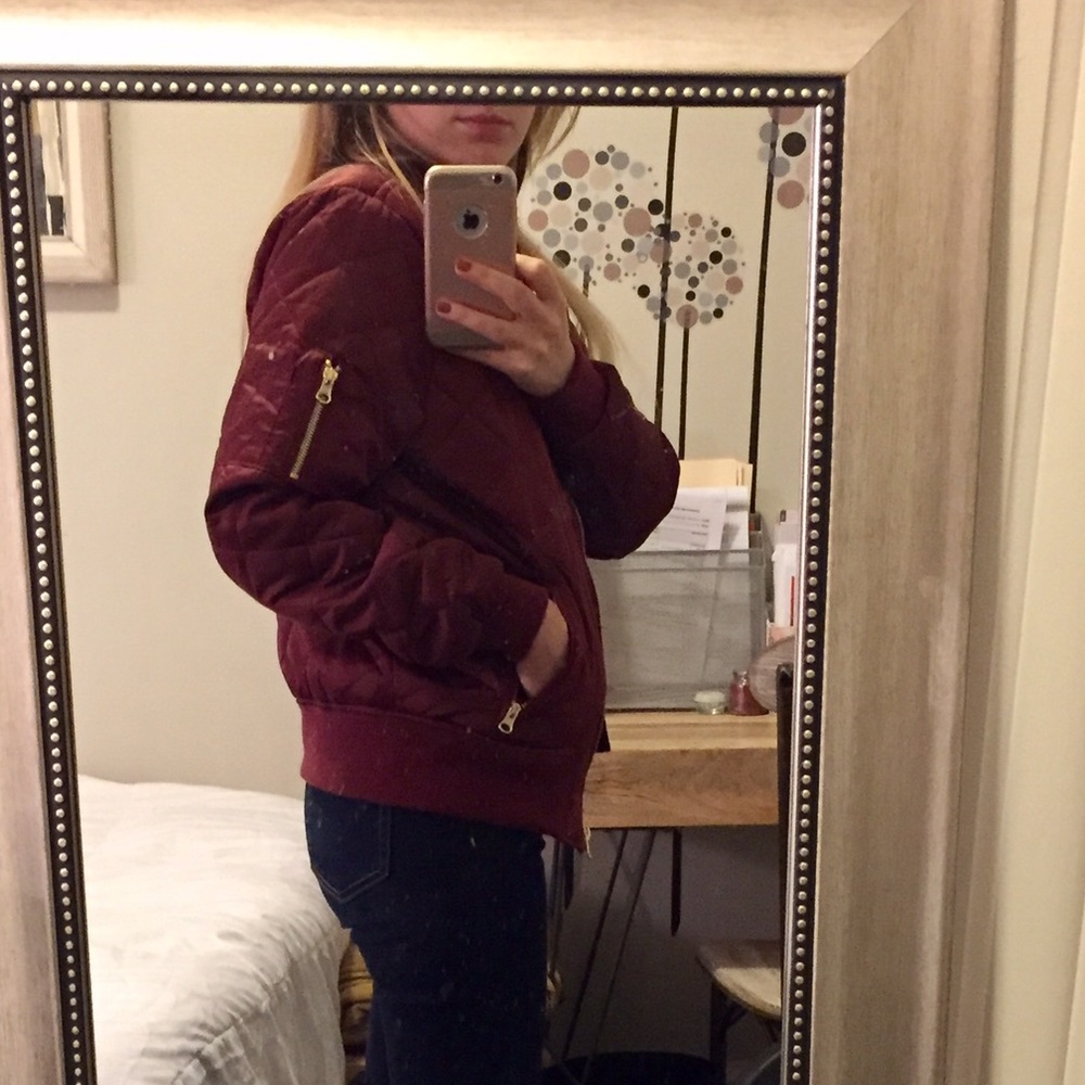 Oxblood Quilted Bomber Jacket, Size S