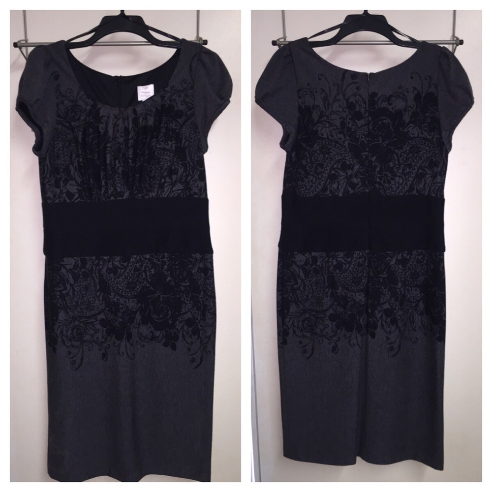 Grey Patterned Fitted Short Sleeve Dress, Sz 16