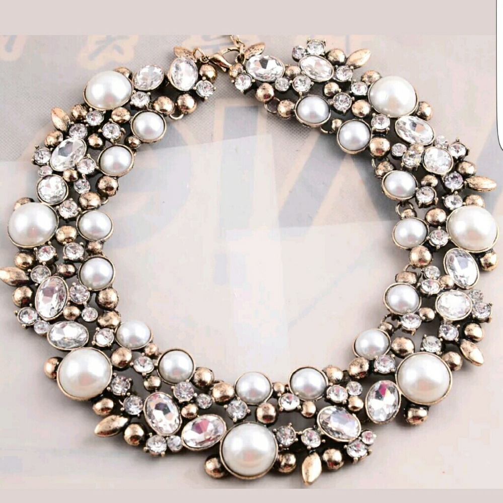 Mixed Faux Pearl Crystal Gold Statement Bib Collar Choker Necklace