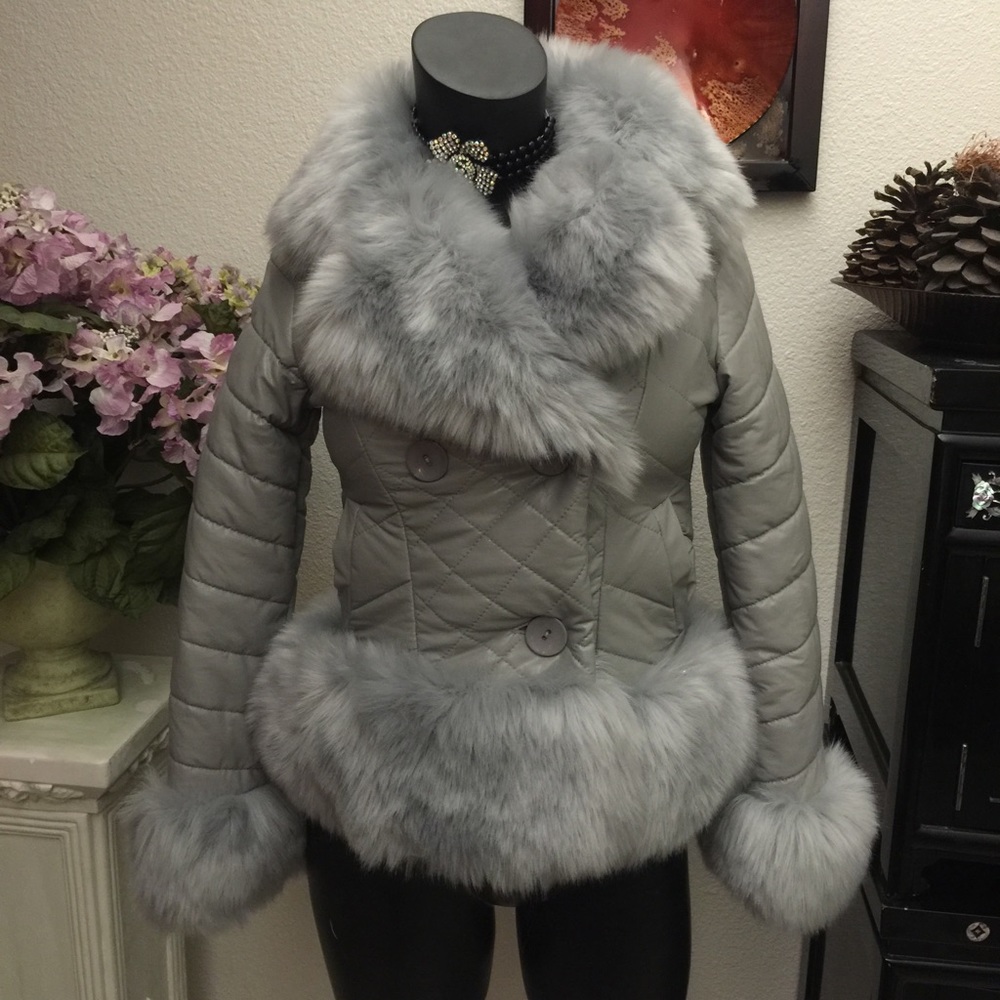 Grey leather-look faux fur winter coat