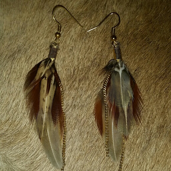 Feather & Gold Chain Earrings - Picture 2 of 2