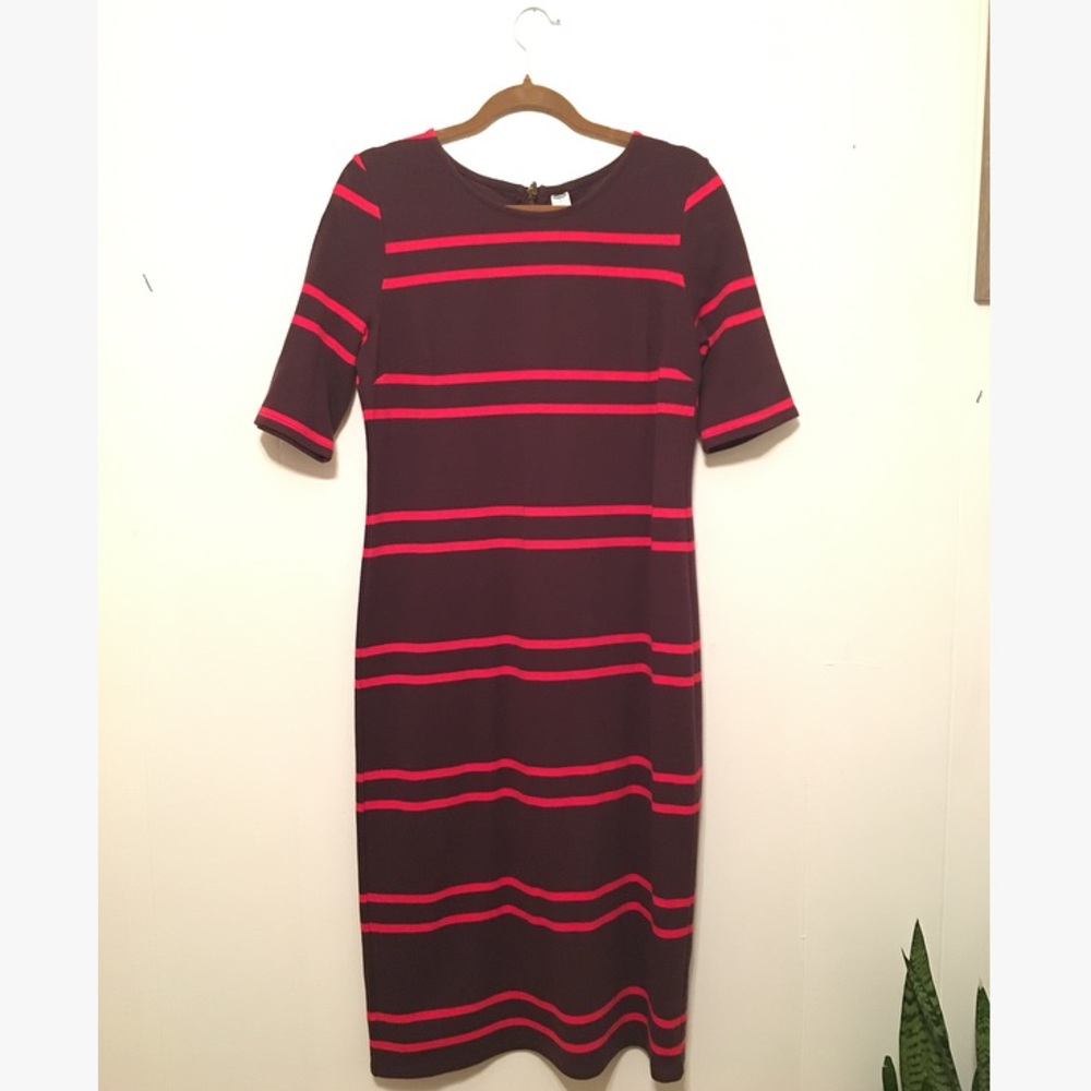 Red and brown midi length pencil dress