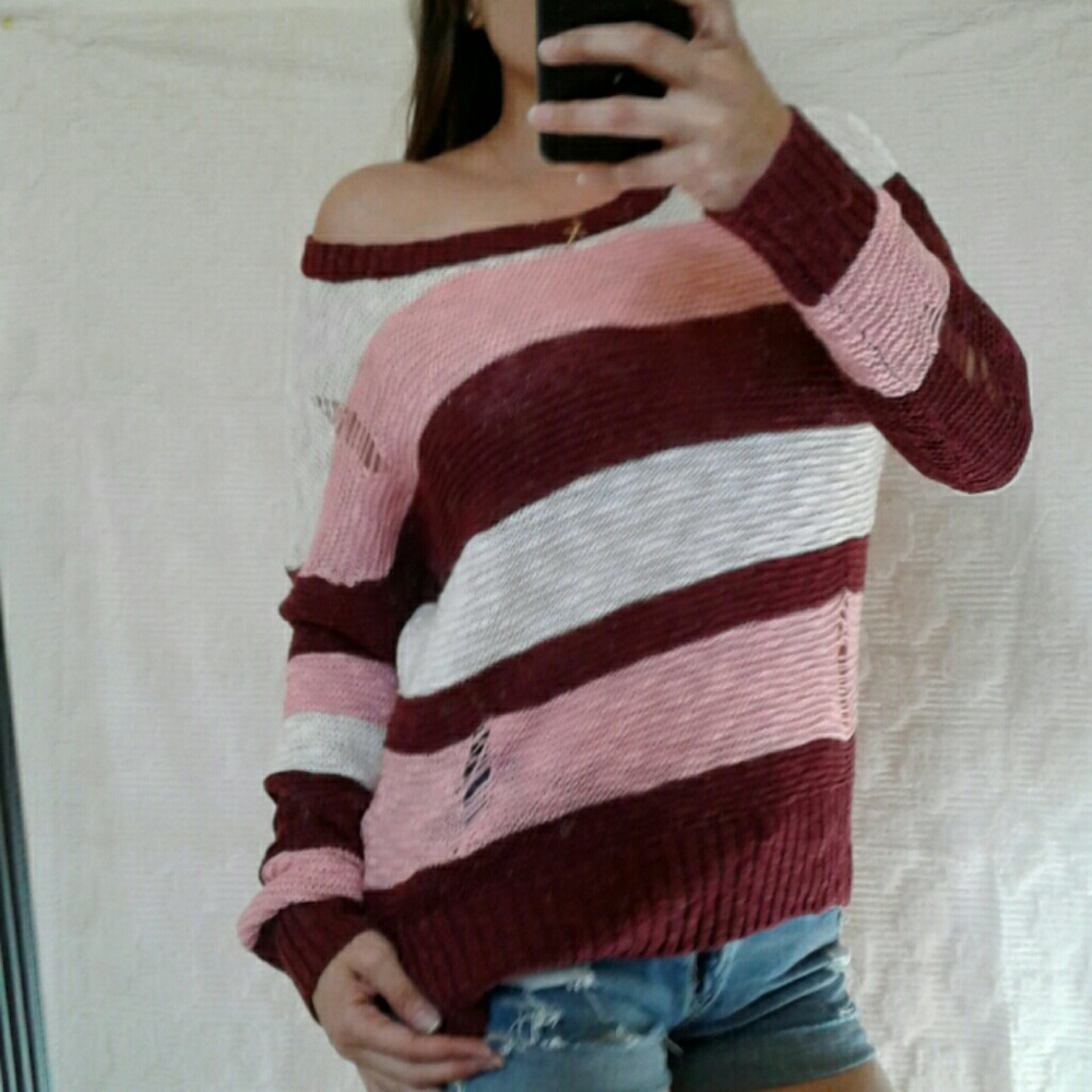 FIRM $ New Striped Distressed Off Shoulder Sweater