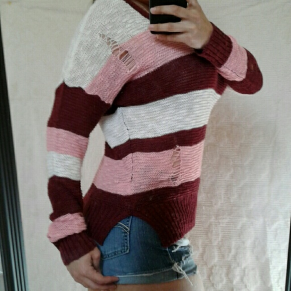 FIRM $ New Striped Distressed Off Shoulder Sweater - Picture 2 of 2