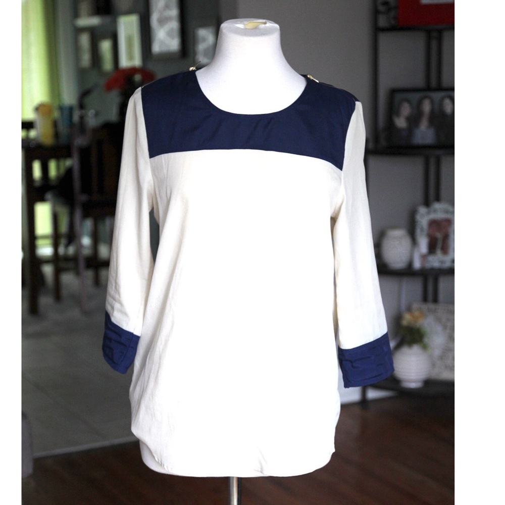 Navy and cream blouse with zipper detail