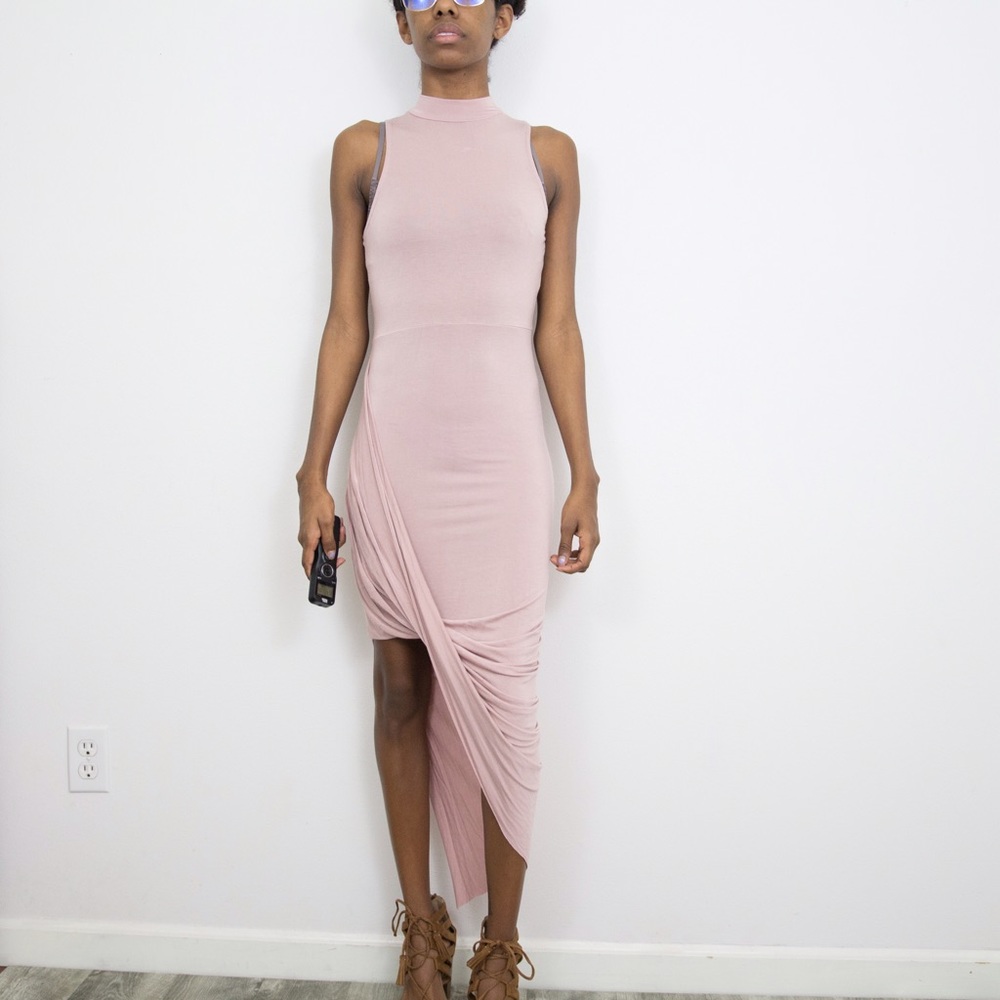 Asymmetrical body con wrap dress