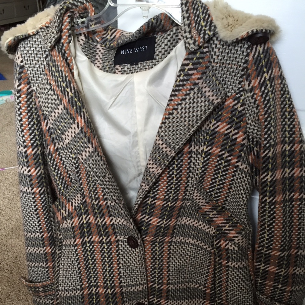 NINE WEST plaid jacket with Sherpa hood