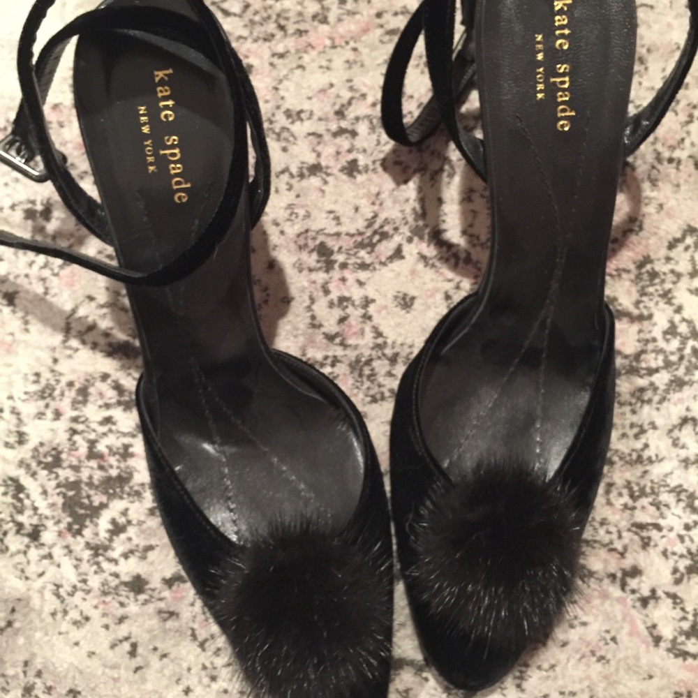 Kate Spade strappy black heels with fur pompoms