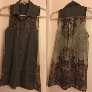 Buckle Tank Top Blouse w/ Mixed Materials